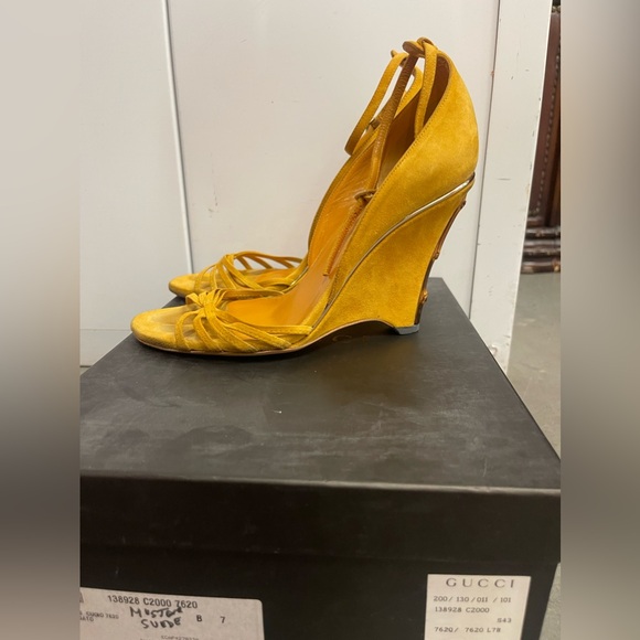 Mustard, yellow suede, Gucci wedges - Picture 2 of 7